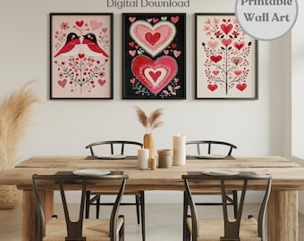 Scandinavian Valentines Printable Set Of 3, Scandinavian Folk Art Gift, Digital Download, Red Heart Print, Nordic Pattern Rustic Wall Decor