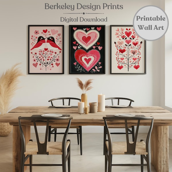 Scandinavian Valentines Printable Set Of 3, Scandinavian Folk Art Gift, Digital Download, Red Heart Print, Nordic Pattern Rustic Wall Decor