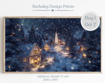 Farmhouse Christmas Tv Art, Christmas Town Frame TV Art, Frame TV Art Winter Village, Snowy Winter Painting, Holiday Decor, Digital Download