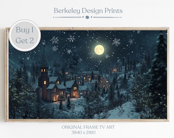 Christmas Town Frame TV Art, Frame TV Art Winter Village, Farmhouse Christmas Art, Snowy Winter Painting, Holiday Decor, Digital Download,