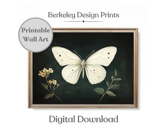 Vintage weißer Schmetterling Kunstdruck, dunkle launische ästhetische Natur Wandkunst, Cottagecore Antique Motte Gemälde, druckbare digitaler Download