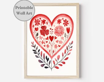 Scandinavian Folk Art Gift, Scandinavian Valentines Printable, Digital Download Nordic Heart Print Sweedish Pattern Floral Rustic Wall Decor