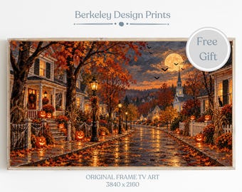 Halloween Village Frame TV Art, New England Autumn Street Painting, Jack O Lantern & Full Moon, Vintage Halloween Digital Download