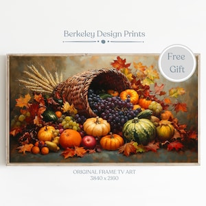 May include: A painting of a cornucopia overflowing with autumn harvest bounty. The cornucopia is filled with grapes, pumpkins, gourds, apples, and pears. The painting is set against a background of fall leaves.
