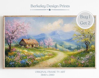 Samsung Frame TV Art Springtime Country Oil Painting Farmhouse Landscape Art Cottage, Digital Download, Forest Cottage Decor Garden Painting