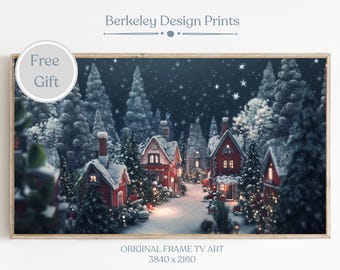 Christmas Town Frame TV Art, Frame TV Art Winter Village, Farmhouse Christmas Tv Art, Snowy Winter Painting, Holiday Decor, Digital Download
