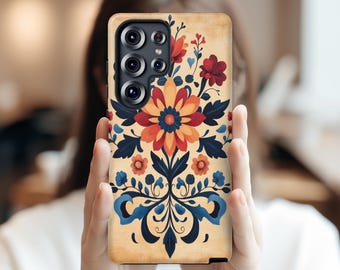 Nordic Folk Art Tough Phone Case: Scandinavian Floral Design, MagSafe Compatible, iPhone 18 Pro 16 15 Case Galaxy S26 S25 S24 Pixel 9 8 7