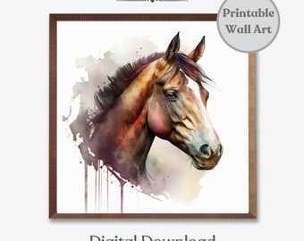 May include: Watercolor painting of a brown and white horse's head with a white background. The horse's mane is dark brown and the painting has a watercolor effect with drips of paint.