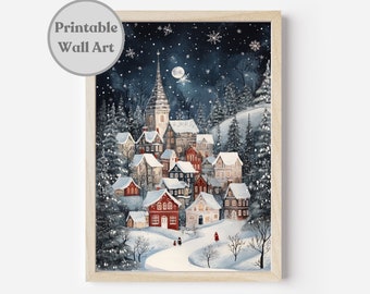 May include: A digital illustration of a snowy village at night with a full moon and stars in the sky. The village is made up of small houses with red and white roofs and snow-covered trees. There are two figures walking on a path in the snow.