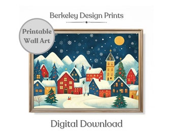 Scandinavian Folk Art Printable Art, Farmhouse Christmas Winter Decor, Christmas Village Digital Download, Holiday Houses Winter Snow Art