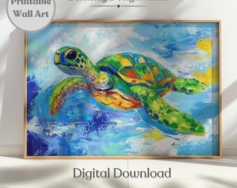 Sea Turtle Printable Wall Art Gift Watercolor Painting Beach House Colorful Summer Art Abstract Coastal Tropical Wall Art Digital Download
