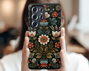 Nordic Folk Art Phone Case, Scandinavian Floral MagSafe iPhone Case, Boho Aesthetic Galaxy Pixel Case