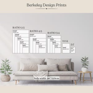 May include: A guide to choosing the right size print for your sofa, with different aspect ratios and measurements in inches and centimeters. The text "Sofa width 90'/228cm" is visible at the bottom of the image.