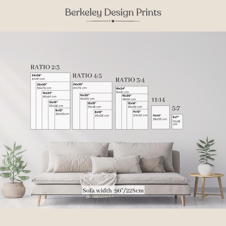 May include: A guide to choosing the right size print for your sofa, with different aspect ratios and measurements in inches and centimeters. The text "Sofa width 90'/228cm" is visible at the bottom of the image.