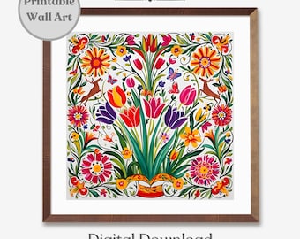 Printable Scandinavian Wall Art, Norwegian Rosemaling Folk Art Print, Swedish Folk Art Print, Scandinavian Folk Art Pattern Digital Download