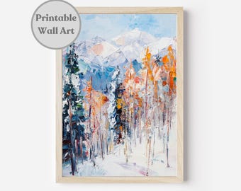 Pintura al óleo imprimible de bosque invernal, arte mural de paisaje invernal, arte mural nevado de invierno, descarga digital, decoración navideña de estilo rústico.