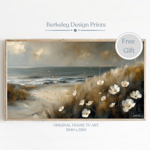 Frame TV Coastal Beach Art Summer TV Art Colorful Floral Oil Painting Beach Vintage Botanical Landscape White Flowers Digital Download TV44