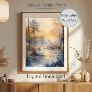 Druckbare rustikale Herbst Landschaft, Sonnenaufgang Herbst Malerei Aquarell Herbst Bäume Kunstdruck Herbst Fluss Landschaft Druck, Stimmungsvoll Digitaldruck