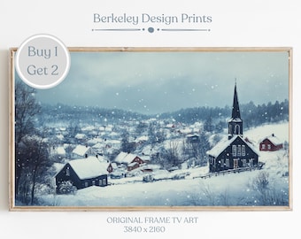 Frame TV Art Winter Village, Farmhouse Christmas Tv Art, Christmas Town Frame TV Art, Snowy Winter Painting, Holiday Decor, Digital Download