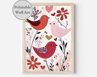 Scandinavian Valentines Printable, Scandinavian Folk Art Gift, Digital Download Nordic Birds Print, Nordic Pattern, Floral Rustic Wall Decor