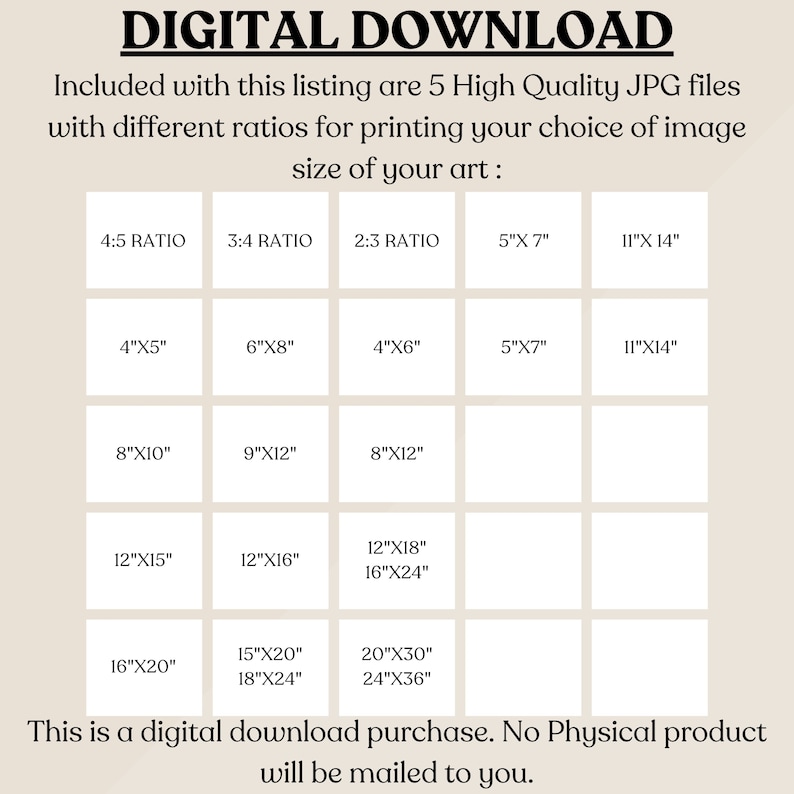 May include: A digital download listing for 5 high-quality JPG files of printable art in various sizes, including 4x5 inches, 6x8 inches, 8x10 inches, 12x15 inches, 12x16 inches, 12x18 inches, 16x20 inches, 15x20 inches, 18x24 inches, 20x30 inches, and 24x36 inches.