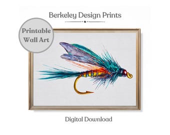 Vliegvissen afdrukbare aquarel Art Print Lake Home Decor Man Cave Cabin esthetische buitenmens kunst cadeau voor vissers Digitale download