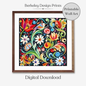 Printable Norwegian Rosemaling Wall Art Print, Scandinavian Folk Art, Swedish Folk Art Print, Traditional Norwegian Art Art Digital Download
