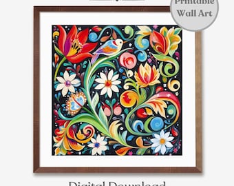Printable Norwegian Rosemaling Wall Art Print, Scandinavian Folk Art, Swedish Folk Art Print, Traditional Norwegian Art Art Digital Download