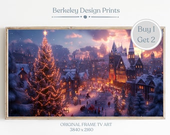 Christmas Town Frame TV Art, Frame TV Art Winter Village, Farmhouse Christmas Art, Snowy Winter Painting, Holiday Decor, Digital Download,