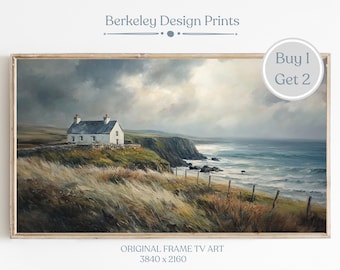 Antique Irish Coastal Landscape Frame TV Art, Vintage St. Patrick's Day Oil Painting, Farmhouse Decor, Digital Download, Rustic Farmhouse