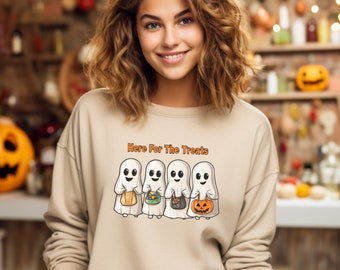 Halloween Ghost Sweatshirt, Retro Ghost Sweater, Women's Halloween Crewneck, Cute Fall Shirt, Trick-or-Treat Shirt, Gift For Halloween/Fall