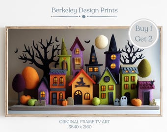 Samsung Frame TV Art Felt Halloween Village, Cute Frame TV Halloween Art, Fall Halloween Village Kids Art, Whimsical Halloween TV Decor