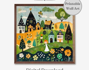 May include: A whimsical illustration of a colorful village with houses, trees, and flowers. Two figures in white dresses stand in the foreground. The artwork is painted in a bright, cheerful style.