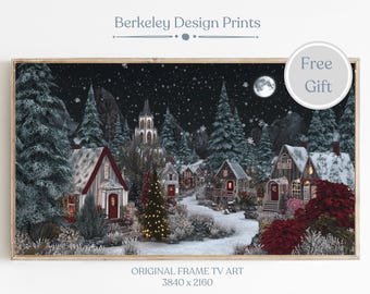 Christmas Town Frame TV Art, Farmhouse Christmas Tv Art, Frame TV Art Winter Village, Snowy Winter Painting, Holiday Decor, Digital Download