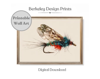 May include: Printable wall art featuring a detailed illustration of a fly fishing lure. The artwork showcases a colorful fly with blue, red, and green accents, set against a neutral background. The text "Berkeley Design Prints" and "Digital Download" are also visible.