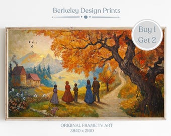 Fall Folk Art Samsung Frame TV Art, Scenic Autumn Landscape Wall Art, Colorful Country Farmhouse Folk Art, Home Decor Digital Art Download