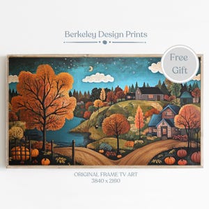 Frame TV Art, Autumn Harvest, Colorful Folk Art, Folk Art Landscape, Country Farmhouse Decor, Digital  Download Art, Scenic Autumn Wall Art