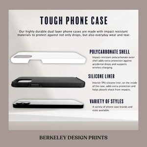 May include: A tough phone case with a dual layer design. The case is made with impact resistant materials to protect against drops and everyday wear and tear. The case features a polycarbonate shell and a silicone liner. The text "TOUGH PHONE CASE" is at the top of the image.