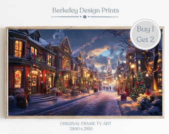 Christmas Town Frame TV Art, Frame TV Art Winter Village, Farmhouse Christmas Art, Snowy Winter Painting, Holiday Decor, Digital Download,
