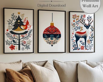 May include: Three printable wall art prints featuring a Christmas tree, a Christmas ornament, and a reindeer. The prints are in a Scandinavian style with a red, blue, and white color scheme.