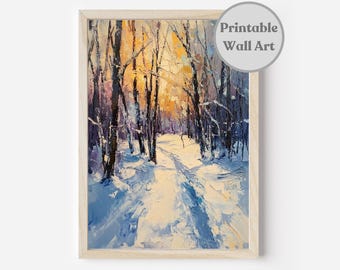 Printable Winter Forest Oil Painting, Snowy Winter Wall Art, Winter Landscape Wall Art, Digital Download, Farmhouse Christmas Wall Decor