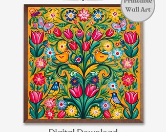 Printable Norwegian Rosemaling Folk Art Print, Swedish Folk Art Print, Scandinavian Wall Art, Scandinavian Folk Art Pattern Digital Download