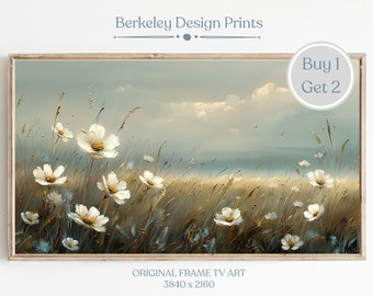 Coastal Wildflower TV Art Summer TV Art Colorful Floral Oil Painting Beach Vintage Botanical Landscape White Flowers Digital Download TV44