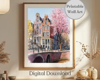 Amsterdam Watercolor Art Print, Spring Canal Cityscape Wall Decor, Netherlands Printable Illustration