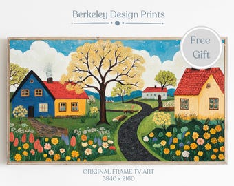 Frame TV Art Scandinavian Style Art Decor, Norwegian Village, Scenic Springtime Village, Vintage Folk Art Landscape, Nordic Inspired Design