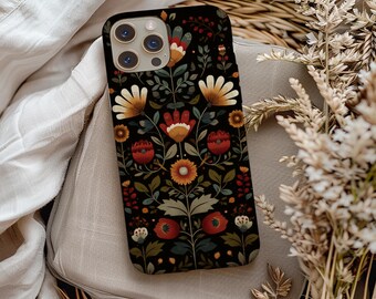 Nordic Folk Art Phone Case, Scandinavian Floral MagSafe iPhone Case, Boho Aesthetic Galaxy Pixel Case