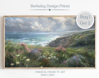 Wildflower Cliff Landscape Frame TV Art, Moody Coastal Meadow, Misty Ocean Scene Digital Download, Samsung Frame TV Art Neutral Decor