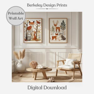 Norwegian Folk Art, Printable Scandinavian Wall Art, Nursery Prints, Cute Forest Animal 2 Print Set, Nordic Folk Art Decor, Instant Download