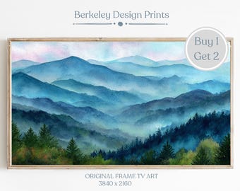 Samsung Frame TV Smoky Mountains Watercolor, Appalachian Mountain Landscape Wall Art, Misty Morning Forest Digital Download
