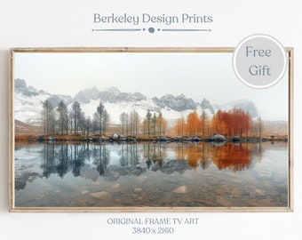 Spring Lake Frame TV Art, Snow On Mountain Trees and Lake art, Segmented Landscape Wall Art, Spring landscape Instant Download Art